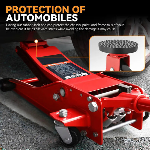 Floor Jack Rubber Pad 2 Pack Universal 4 Ton Pad Adapter under a floor jack with pinch weld side rail protector.