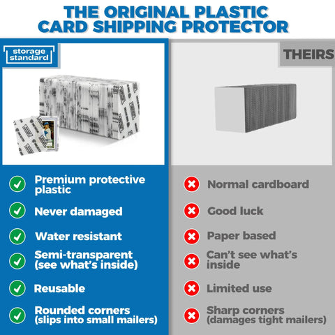 Comparison of Shipping Protectors For Trading Cards Pro Grade Ultra Strong Plastic Inserts and cardboard type.