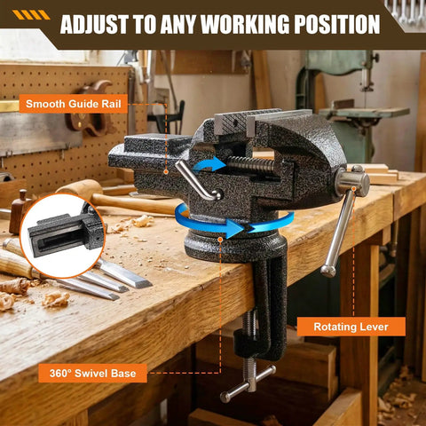 Beefy Three Inch Bench Vise With 360 Degree Swivel Base Clamp on heavy duty cast iron vise for woodworking metalworking drilling