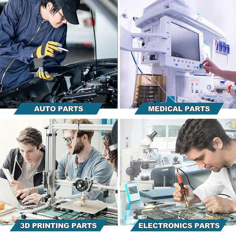 Collage of professionals working with auto parts, medical parts, 3D printing parts, and electronics parts in industrial settings.