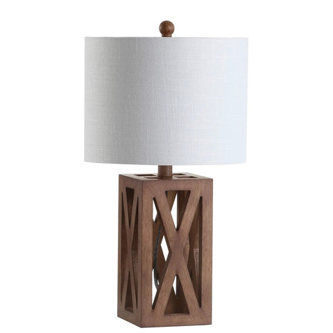 Brown Farmhouse Wood Table Lamp With White Linen Drum Shade 21.5 Inch Cozy Rustic Modern Bedside And Living Room Mood Light