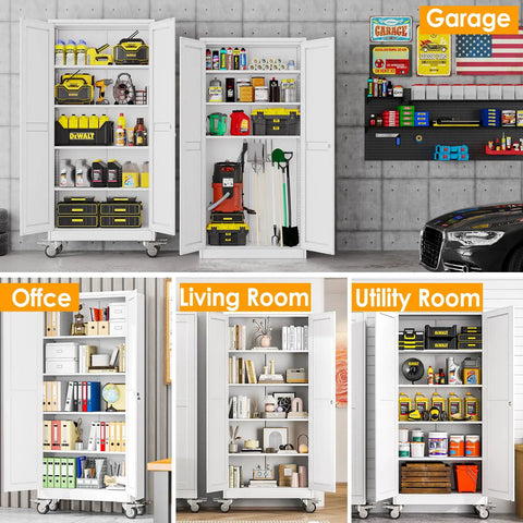 71 Inch Tall Metal Garage Storage Cabinet On Wheels With Two Doors And Four Adjustable Shelves Built Tough For Home Office Garage Or Warehouse Use White
