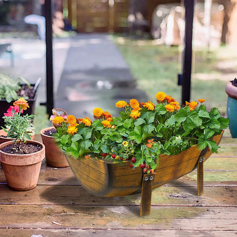 Two Pack Rustic Barrel Planters With Legged Design For Outdoor Garden Backyard Metal Half Barrel Flower Pot Planter Box Brown 15.43 Inch Long Each With Ample Planting Space Durable Anti Rust Coated Iron on patio table