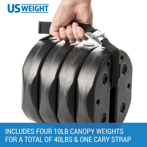 Hand holding Tailgater Canopy Weights With No Pinch Design For Easy No-Fuss Setup And Removal, Eco Friendly, 40 lbs included.