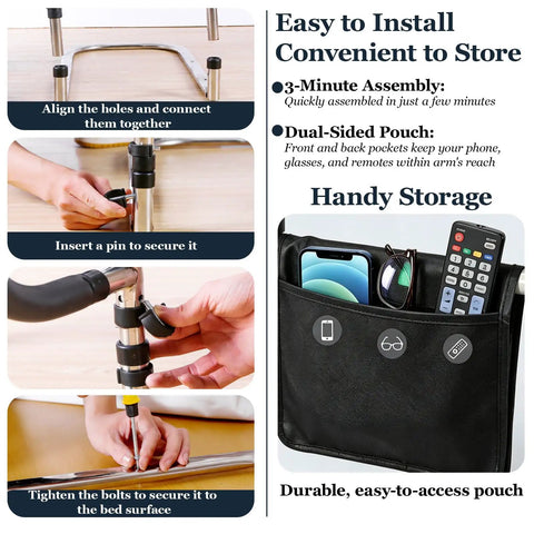 Installation steps and storage pouch for Bed Canes for Elderly and Adults Safety Bed Guard Rails Supports up to 350 Lbs 21.6 Inches High