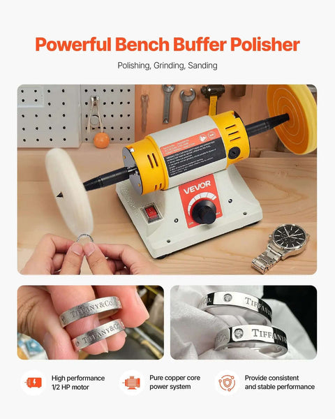Benchtop Buffer Polisher With Half Horsepower Motor And 0 To 8000 RPM Adjustable Speed Heavy Duty Polish And Buffing Machine on table
