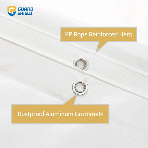 Close-up of Heavy Duty Waterproof Tarp 10x20 White Poly Tarpaulin With Grommets 10 Mil Thick, showing reinforced hem and grommets.