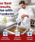 Chef pouring Frypowder into a deep fryer, promoting Top Tier Reusable Fryer Oil Filter Bag That Traps Tough Grease Grit And Saves You Serious Dough Compatible With Common Basins Keeps Your Kitchen Operations Moving Smooth Year Round.