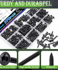 Ready For The Grind 370 Piece Phillips Truss Head Black Wood Screws With Rubber Washers Rustproof Zinc Plated Self Tapping Fastener Kit, assorted screws in case.