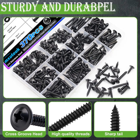 Ready For The Grind 370 Piece Phillips Truss Head Black Wood Screws With Rubber Washers Rustproof Zinc Plated Self Tapping Fastener Kit, assorted screws in case.
