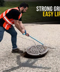 Blue 30-inch manhole cover hook tool used to lift heavy covers