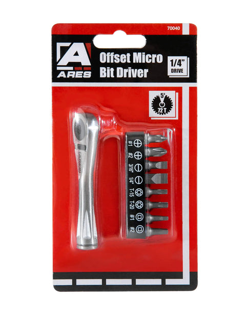 Dual Drive 1/4-Inch Ratchet And 1/4-Inch Bit Holder, 72-Tooth Micro Ratchet with packaging on red background