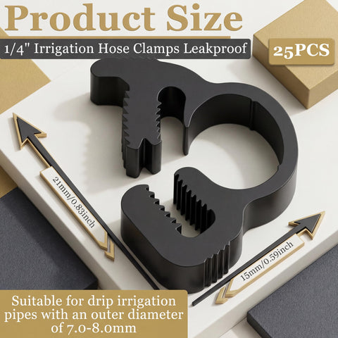 Close-up of 25 Pack One Quarter Inch Max Grip Double Gripping Nylon Hose Clamps with adjustable mechanism for irrigation.