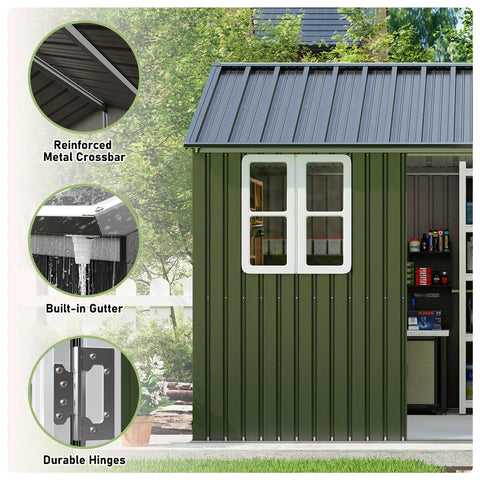 Close-up of 10x12 Ft Outdoor Storage Shed With Lockable Hinged Door And Two Windows Nordic Cottage Metal Shed For Backyard Garden