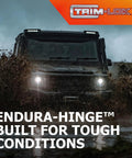 Heavy-duty vehicle navigating muddy terrain showcasing Beast Mode Pvc Continuous Piano Hinge Four Foot Rust Proof And Uv Resistant Heavy Duty Outdoor Living Hinges For Truck Caps Flatbed Covers And Custom Rig.