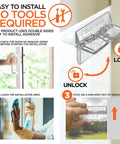 Foolproof Sliding Door And Window Locks Two Pack Toddler And Pet Safe Catch installation steps with visual aids and adhesive details.