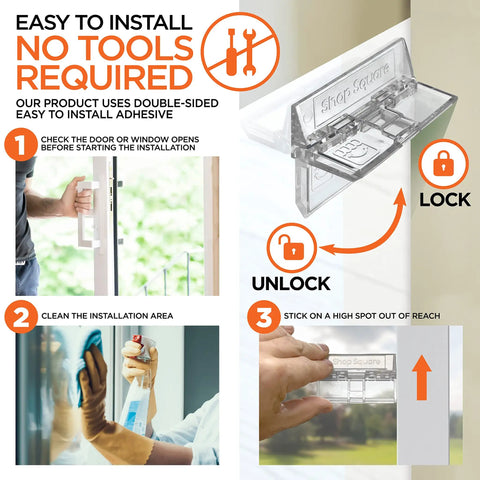 Foolproof Sliding Door And Window Locks Two Pack Toddler And Pet Safe Catch installation steps with visual aids and adhesive details.