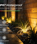 All In One Low Voltage Landscape Lighting Kit With 12W LED Well Lights IP67 Outdoor In Ground Waterproof, warm white lights illuminating garden path in rain.