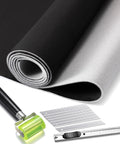 Pangda suede headliner fabric rolls with foam backing (black/gray); front view showing seam roller and utility knife