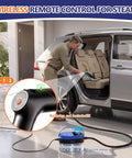1800ML Portable Handheld Steam Cleaner With 2500W Fast Heating Power in use on car seats with remote control settings.