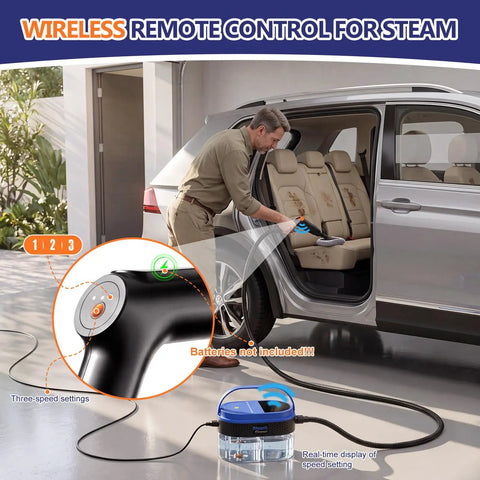 1800ML Portable Handheld Steam Cleaner With 2500W Fast Heating Power in use on car seats with remote control settings.