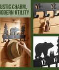 Metal Bear Coat Rack Wall Mount With Six Hooks for Hats Coats Towels Keys Bags and More in black finish, mounted on wooden wall.