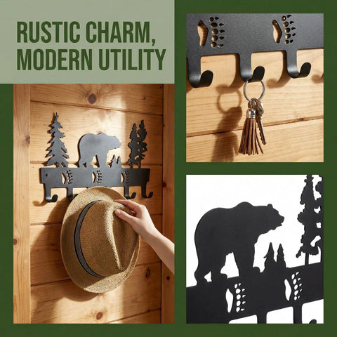 Metal Bear Coat Rack Wall Mount With Six Hooks for Hats Coats Towels Keys Bags and More in black finish, mounted on wooden wall.
