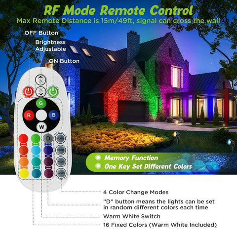 Outdoor RGBW Spotlight Kit 120V 12W Color Changing Landscape Lights With Remote Control Waterproof 6 Pack For Yard Path Garden Decor 16 Colors Plus Warm White Remote Dimming Memory Function