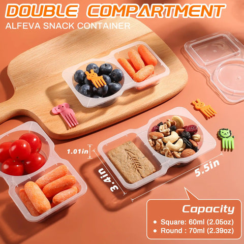 24 Piece Reusable Snack Containers With Lids Dual Compartment Leakproof Meal Prep Boxes For Kids And Adults On The Go Camping Travel Includes 10 Forks showing assorted snacks and colorful forks.