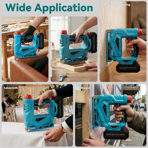 Heavy Duty 18 Gauge Cordless Brad Nailer and 3 In 1 Battery Powered Stapler being used for upholstery repair.