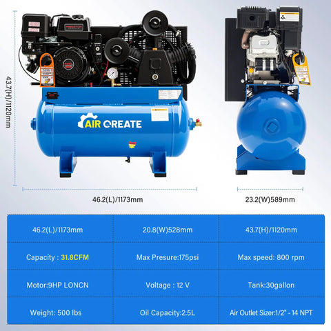 Get The 30 Gallon Gas Air Compressor With Powerful 14HP Engine And Electric Start. Delivering A Massive 31.8 CFM At 175 PSI Featuring A 420CC Motor And ASME Certified Tank For Heavy Duty Work