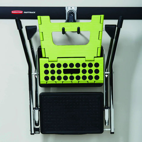 Fast Track Wall Mounted Garage Storage Hook System For Tools Rope And More Heavy Duty Utility Hangers Holds Up To 50 Pounds Each 6 Pack Great For Organizing Tools And Cords In Your Garage shown holding tools and a step stool