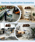 Solid Ecommerce Packing Table And Mobile Shipping Station With Built In Power And Led Lights in warehouse, office, and studio settings.