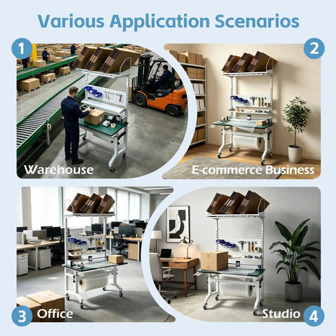Solid Ecommerce Packing Table And Mobile Shipping Station With Built In Power And Led Lights in warehouse, office, and studio settings.