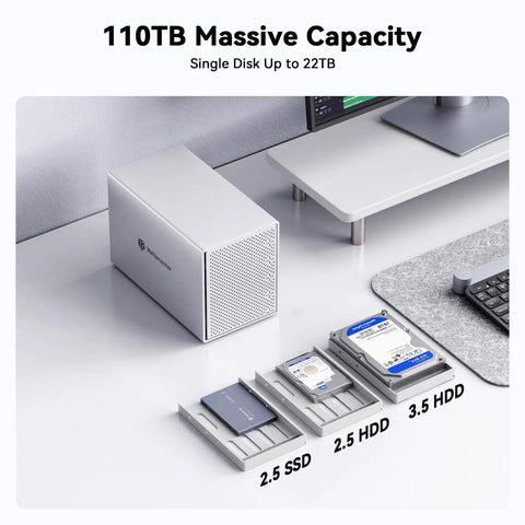 Heavy Duty Five Bay External Hard Drive Enclosure Usb C Aluminum Body with 2.5 SSD and 3.5 HDD for massive storage.
