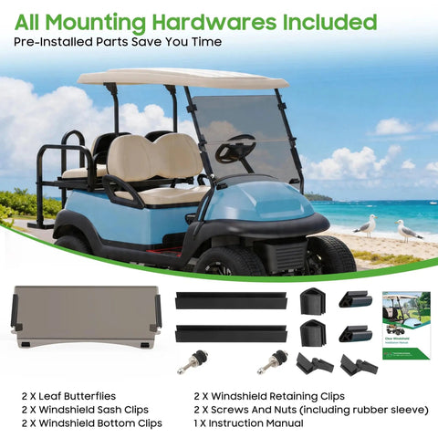 Heavy Duty Top Tier Golf Cart Windshield For Club Car Precedent Tempo Onward Two Thousand Four Up with included mounting hardware.