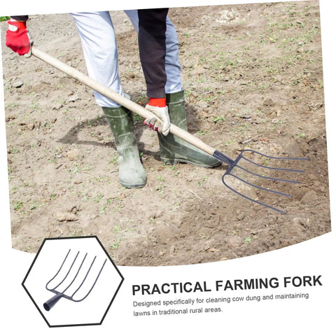 Heavy Duty Farm Fork For Clearing Manure And Grass Versatile Multi Function Pitch Fork With Spading Handle in use on dirt field