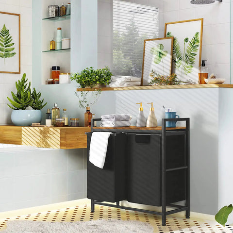 Two Section Laundry Hamper With Pull Out Dual 45L Bags And Wooden Shelf Removable Washable Sorter Bags Metal Frame For Laundry Room Dorm Bathroom Oxford Fabric Rustic Brown And Black