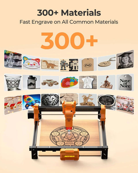 Front view ACMER laser engraver machine orange with black frame engraving a circular pattern on wood; home-use device.