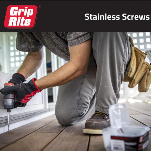 Person using Kick Butt 305 Stainless Steel Star Bugle Head Deck Screws for composite decking installation.