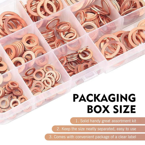 Copper Washers 200-Piece Metric Crush Washer Set in clear plastic box, 9 Sizes Flat Ring Oil Drain Plug Sealing Gaskets assortment