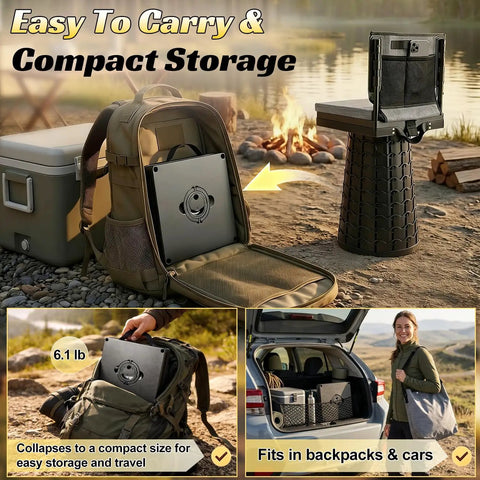 Heavy Duty Collapsible Stool With Backrest And Extra Thick Cushion 1000lbs Max Portable Folding Outdoor Chair shown in backpack