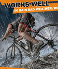 Cyclist using Six Pack Bike Brake Pads Set in rain, showcasing no skid feature on a road bike with 70mm V-Brake Shoes.