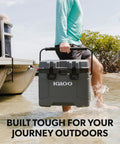 Heavy Duty 25 Quart Insulated Cooler Box With Thick Foam Walls For Serious Ice Retention Made In Usa being carried in water.