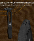 Close-up of Roach XL Pocket Knife 3 Point 5 Inch 14C28N Drop Point Blade beefy size with deep carry clip on pocket.