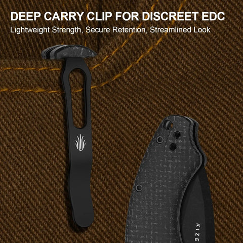 Close-up of Roach XL Pocket Knife 3 Point 5 Inch 14C28N Drop Point Blade beefy size with deep carry clip on pocket.
