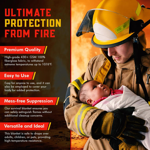 Firefighter holding baby wrapped in fire-resistant blanket, safety and protection emphasized