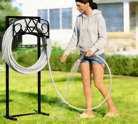Freestanding Garden Hose Organizer With Black Powder Coat Finish Heavy Duty Detachable Hose Stand Holds 150 Ft of Hose