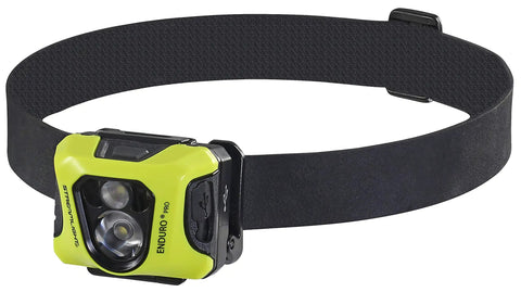 Enduro Pro 200 Lumen USB Rechargeable LED Headlamp With Elastic Head Strap, Rubber Hard Hat Strap, yellow design.
