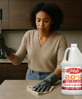 Heavy Duty Industrial Strength Vinegar Concentrate With Eighty Percent Acetic Acid For Tough Cleaning At Home And Outdoor Jobs Dilutes Easily Technical Grade Safe For Septic Systems 128 Ounce Bottle next to a woman cleaning a countertop.